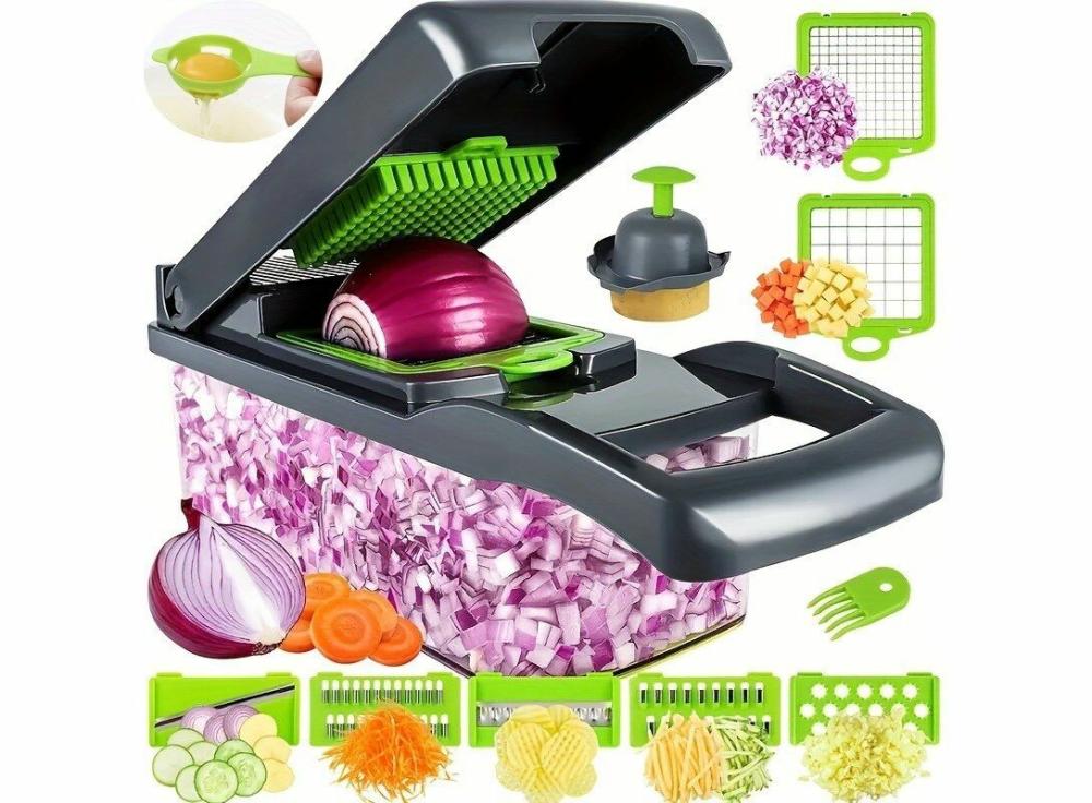 Home Appliances |   Kitchen Vegetable Chopper, 13-In-1 Food Cutter With 8 Stainless Steel Blades And Container Home & Office Grey