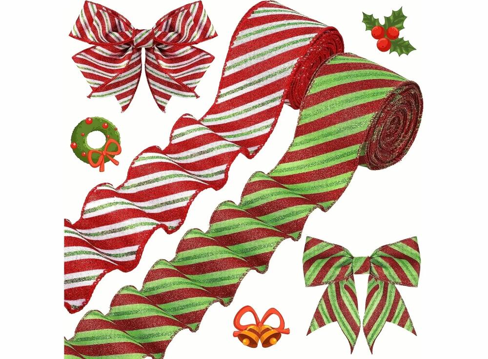 Home & Kitchen |   Christmas Cord Ribbon Red Green Stripe Glitter Wrap Burlap Decoration For House Party Home & Kitchen Home & Kitchen