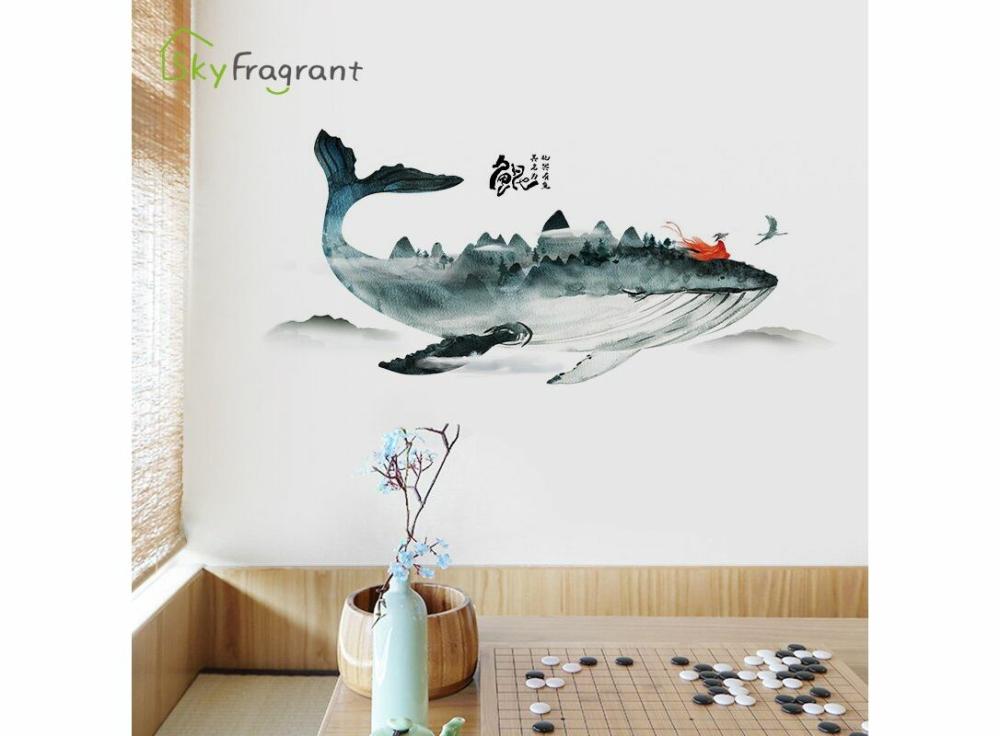 Stickers |   Creative Chinese Style Ink Whale Sticker Decoration Bedroom Living Room Tv Sofa Background Home & Office Stickers