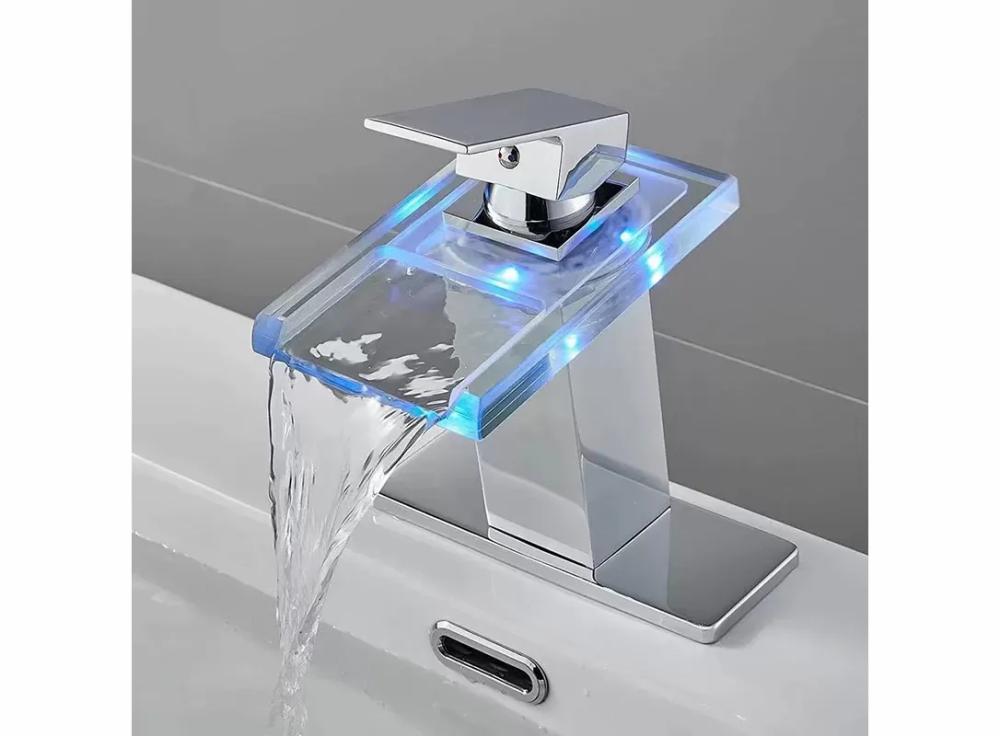 Bath&Washroom |   Led Waterfall Bathroom Faucet, Chrome Modern Single Handle Bathroom Faucets For 1/3 Hole Sink, Vanity Mixer Tap W/Deck, Pop-Up Drain, Supply Hoses & Light Color Bath&Washroom Bath&Washroom